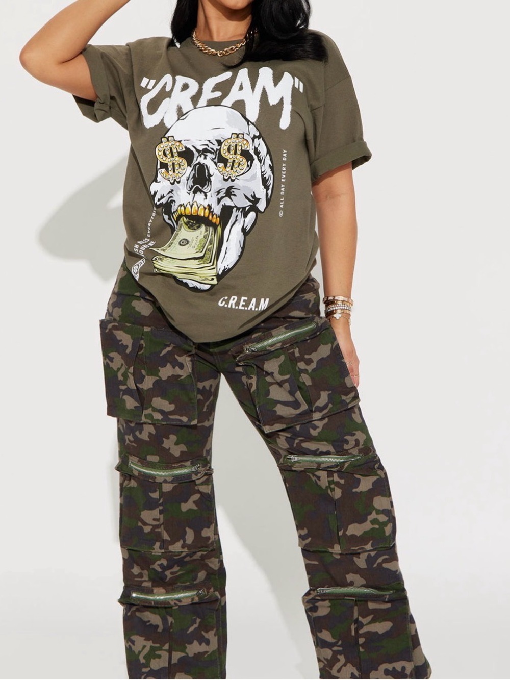 Fashion Nova C.R.E.A.M. Graphic Skull Tee - Olive Green with Yellow Accents